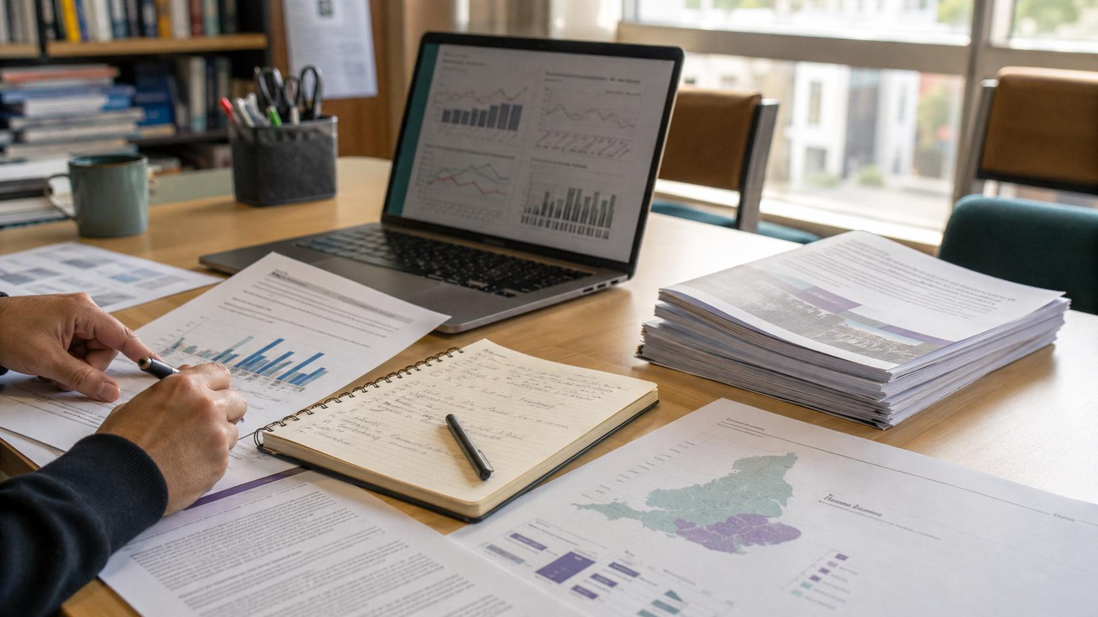 Research analyst reviewing survey charts, reports and policy documents