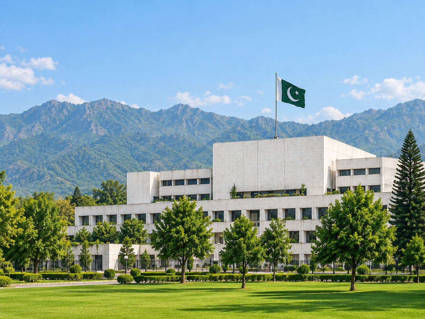 Government building flying Pakistan's flag with green mountains